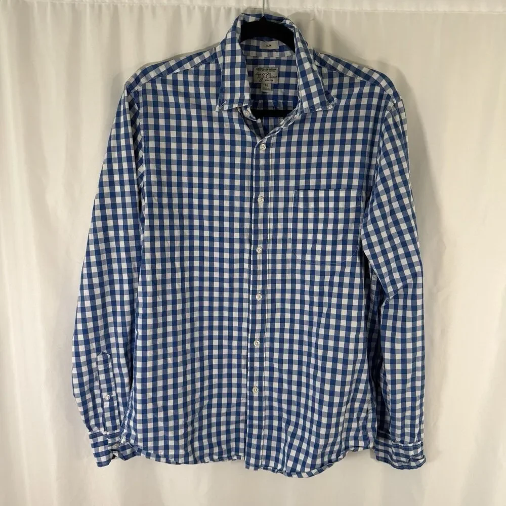 J. Crew Dress Shirt Mens Medium Blue White Plaid Organic Cotton Long Sleeve Slim